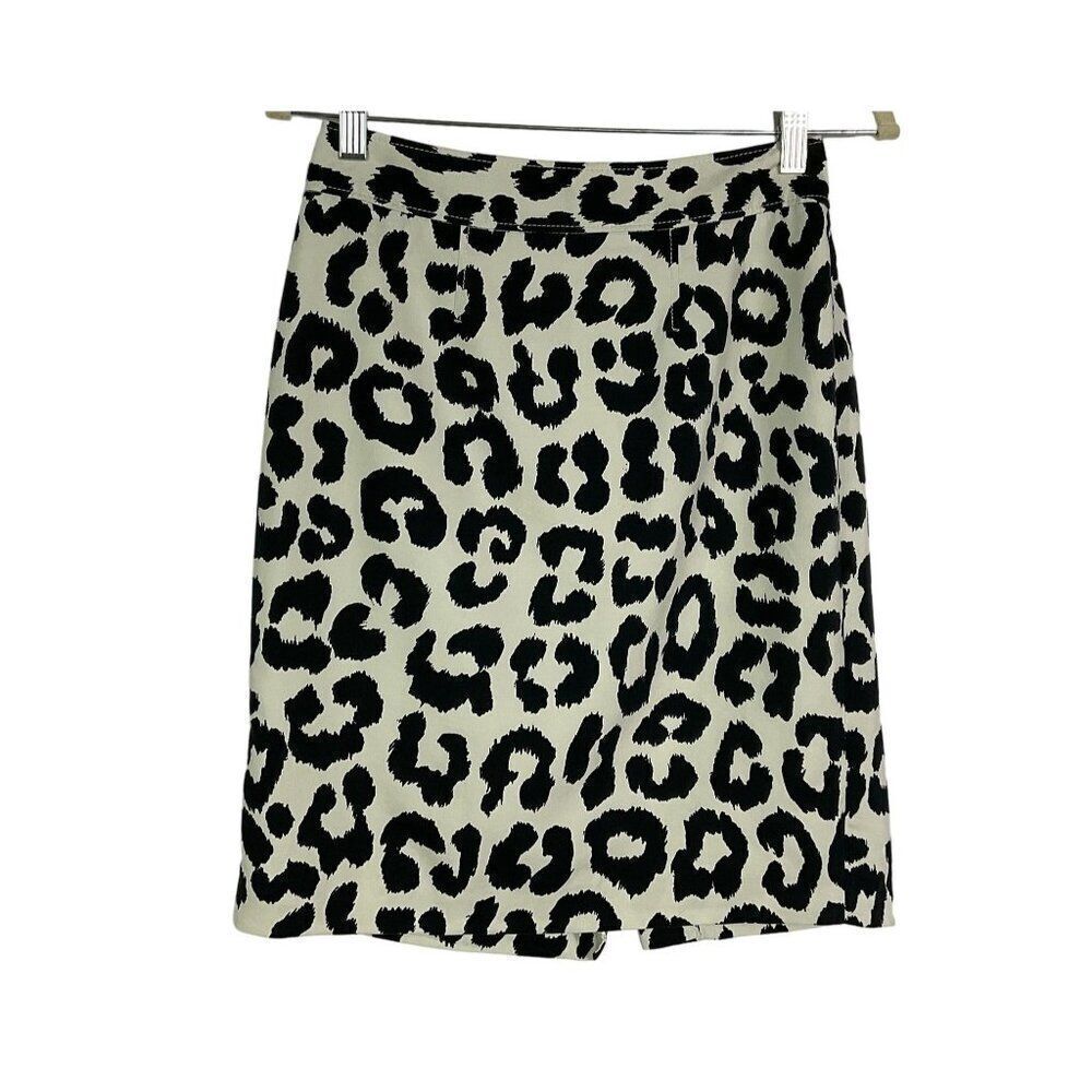 LOFT Women's White & Black Leopard Print Skirt Sz 2, lined, 71% cotton, 29% silk